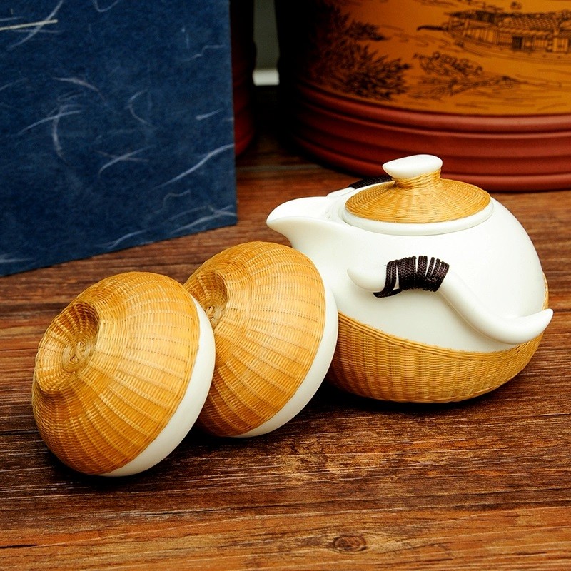 Porcelain body bamboo woven tea set inta
