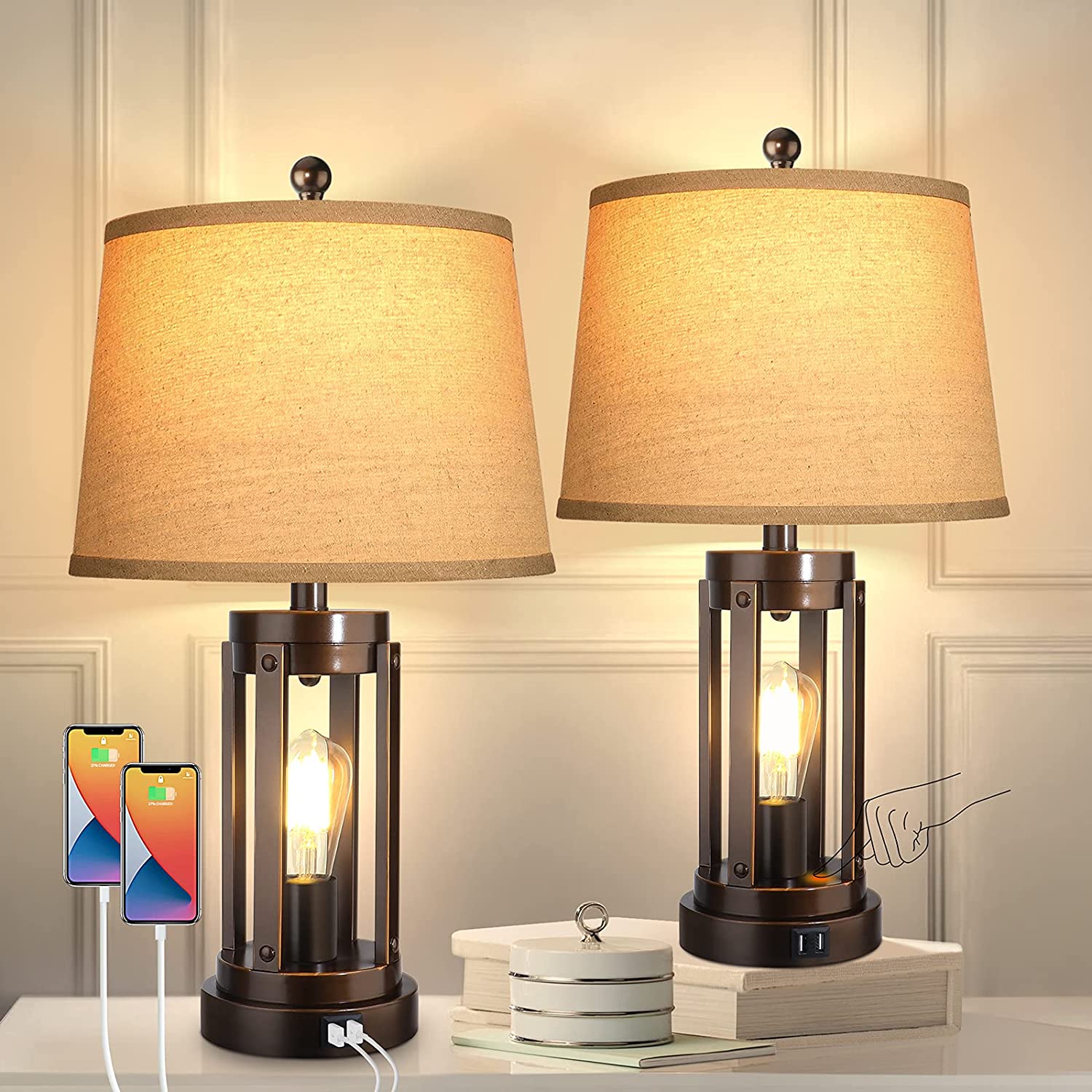 Set of 2 Table Lamps with USB Ports, 3-W